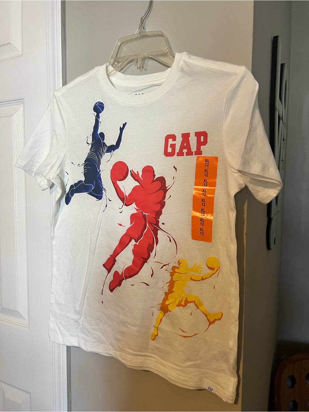 GAP White Tee with Red, Blue & Yellow Basketball Silhouettes